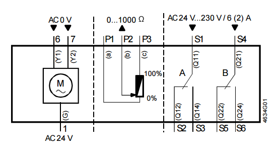 Схема электроподключения привода Siemens GLB 131.1E Схема соединения для привода Siemens GLB 131.1E